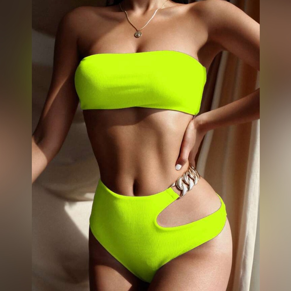Neon bandeau high waisted bikini small with cut out bottom and gold chain